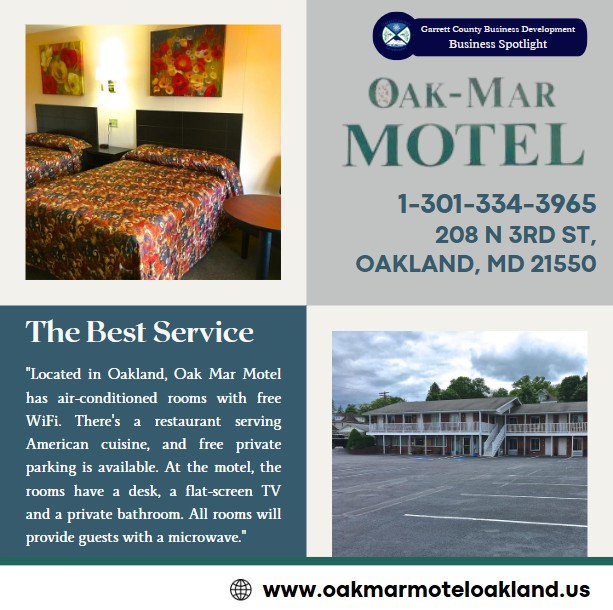 Today's Business Spotlight 🏠 is on the Oak-Mar Motel! 
Visit them at www.oakmarmoteloakland.us
Follow us to see more daily Garrett County Business Spotlights!
If you are interested in having your business featured contact Connor Norman at cnorman@garrettcounty.org. #businessdevelopment #garrettcountymd